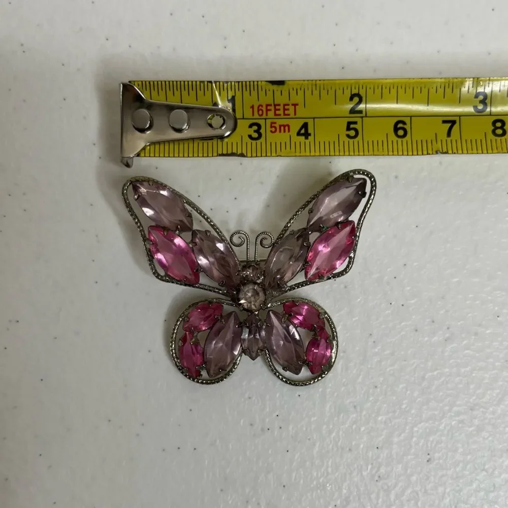 Vintage Butterfly Pin Brooch Silvertone Pink Purple Crystals Costume Jewelry